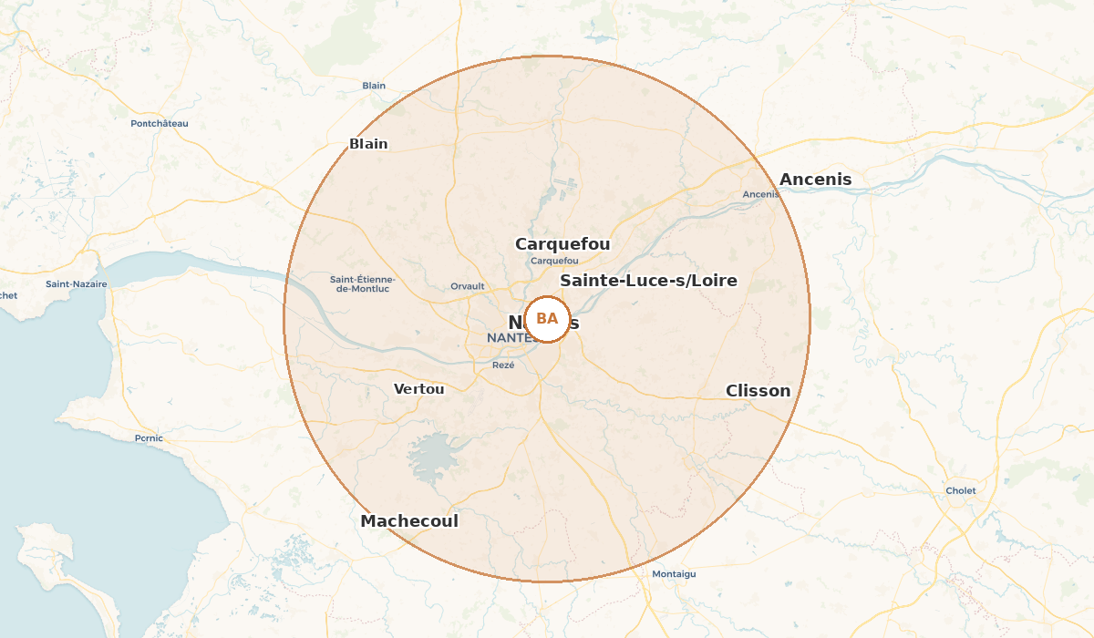Zone d'intervention Blanch'ART — 30 km autour de Sainte-Luce-sur-Loire
